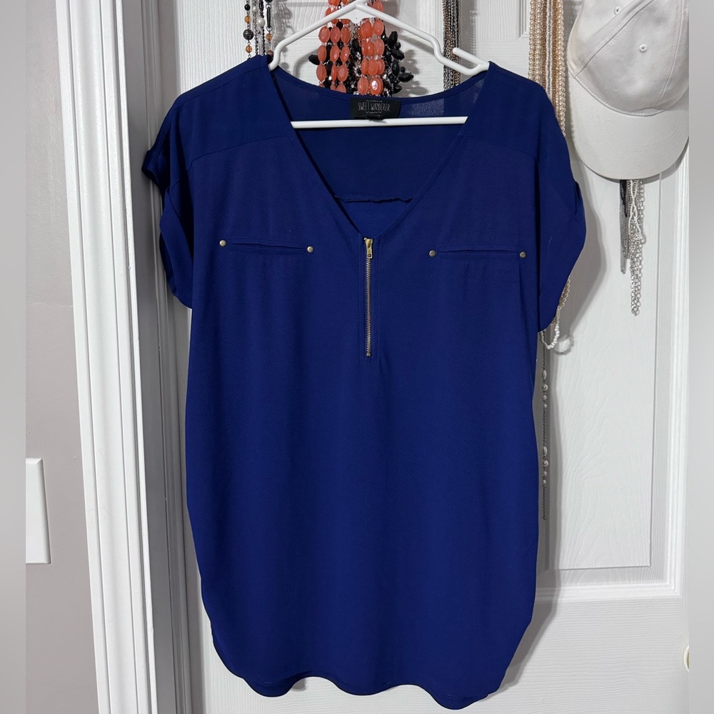 Sweet Wanderer blue maternity blouse XL short sleeve